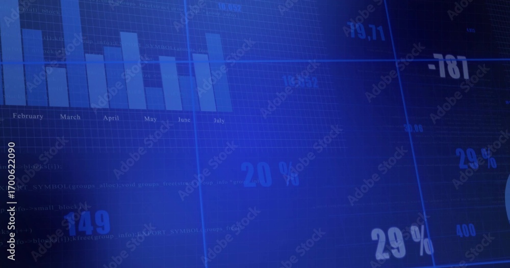 Poster blue dashboard displaying monthly data in office with bar chart and numeric overlays, copy space