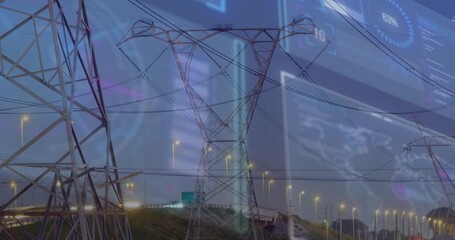 Displaying transmission tower rising among power lines on road corridor at dusk, with data overlay