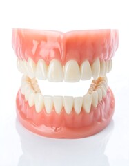 Upper and lower dentures against white background