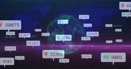 Displaying wireframe globe at core in virtual interface, with location pin and message bubble icons