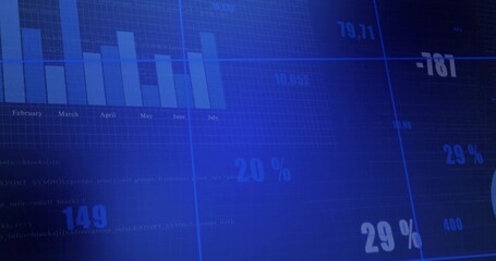 Blue dashboard displaying monthly data in office with bar chart and numeric overlays, copy space