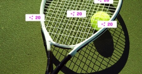 Resting tennis racket and ball with digital overlay share icons floating over green tennis court