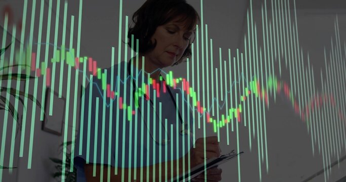 Writing nurse in scrubs jotting notes on clipboard at office, with stethoscope and chart overlay