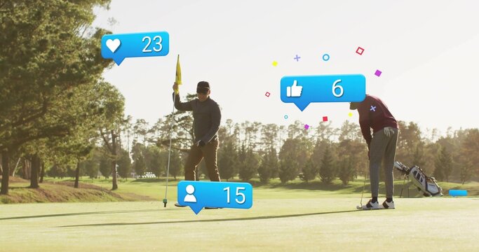 Two golfers positioning flagstick and lining up putt on putting green, with floating social icons - Powered by Adobe