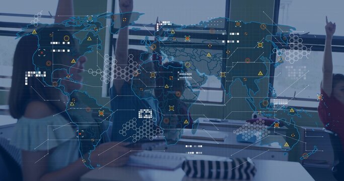 Raising hands four students at desks in classroom, with notebooks, pencils and digital map overlay