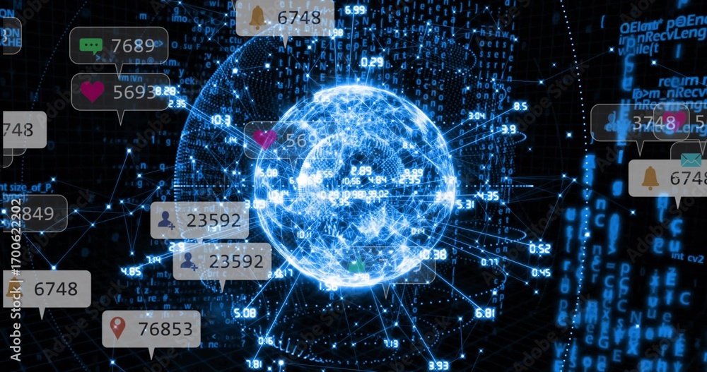Leinwandbilder hovering digital network globe linking nodes in cyberspace, with binary code and notification icons