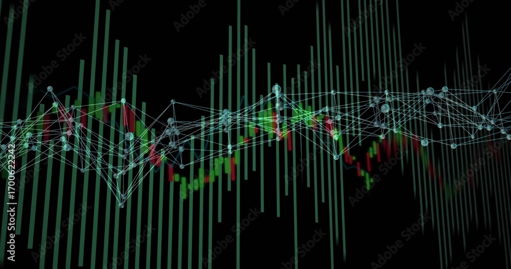 Poster showing light network nodes linking by lines over green and red candlestick bars in data space