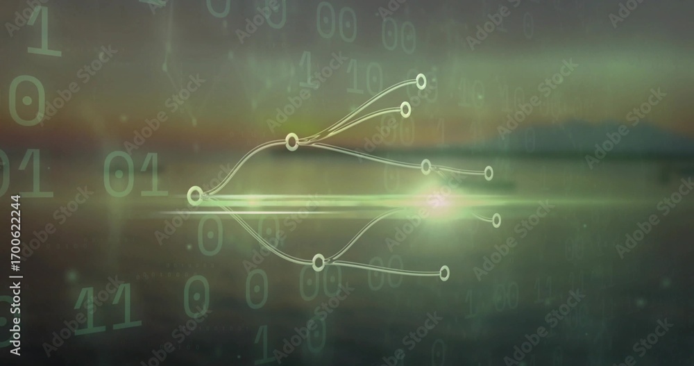 Poster displaying branching network nodes with curved lines and binary digits over green brown gradient