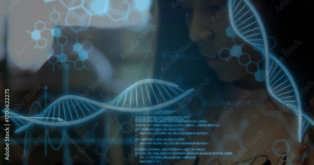 Poster leaning scientist analyzing holographic dna helix at research lab with code and molecular diagrams