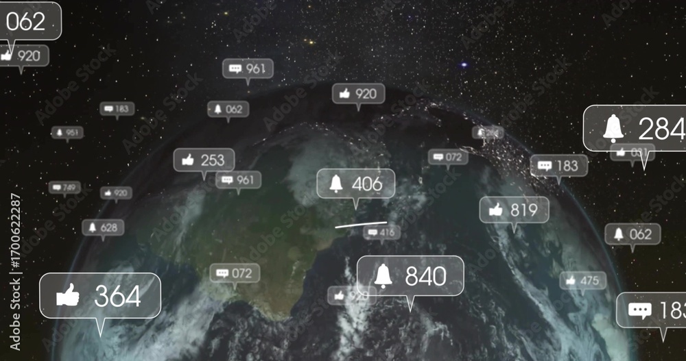 Aufkleber displaying stylized earth rendering in orbital space, with floating social media notification icons