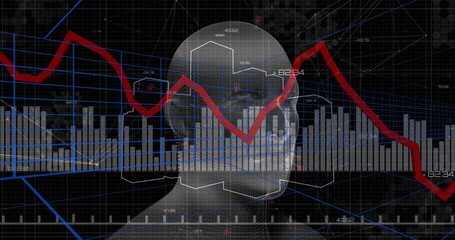 Wireframe head floating in grid interface, with red, blue trend lines, grey bars, hex data labels