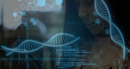 Leaning scientist analyzing holographic DNA helix at research lab with code and molecular diagrams