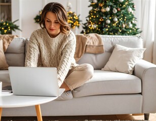 Moderne Frau am Laptop zu Hause w&auml;hrend der Weihnachtszeit