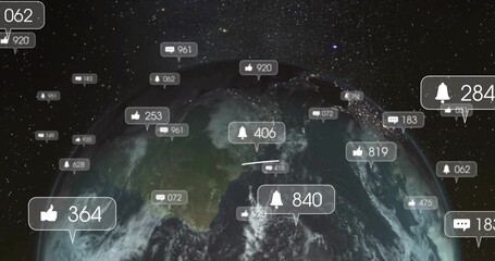 Displaying stylized Earth rendering in orbital space, with floating social media notification icons