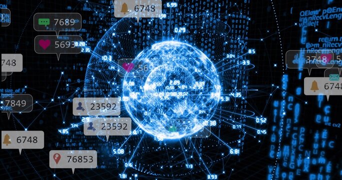 Hovering digital network globe linking nodes in cyberspace, with binary code and notification icons