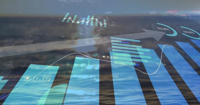 Data visualization floating in abstract digital environment, with bar charts, line chart and gauges - Powered by Adobe