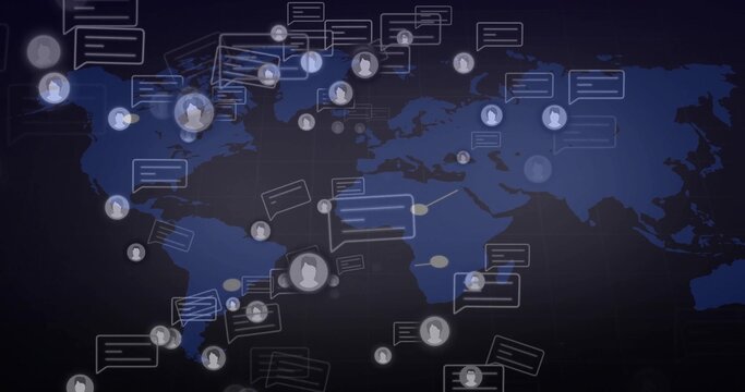 Displaying stylized world map on screen, with avatar icons, chat bubbles and connecting lines