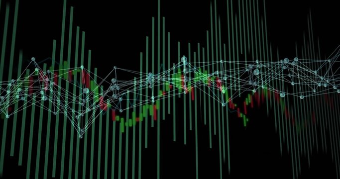 Showing light network nodes linking by lines over green and red candlestick bars in data space