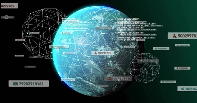 Naklejki Floating Earth globe projecting white network lines in space, with orbiting nodes and UI elements