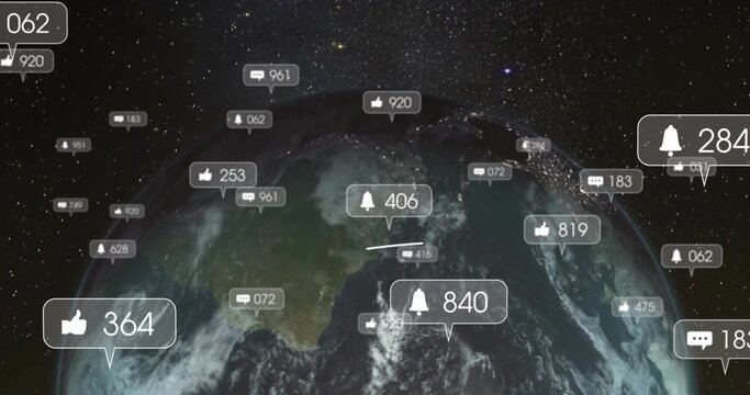 Naklejki Displaying stylized Earth rendering in orbital space, with floating social media notification icons