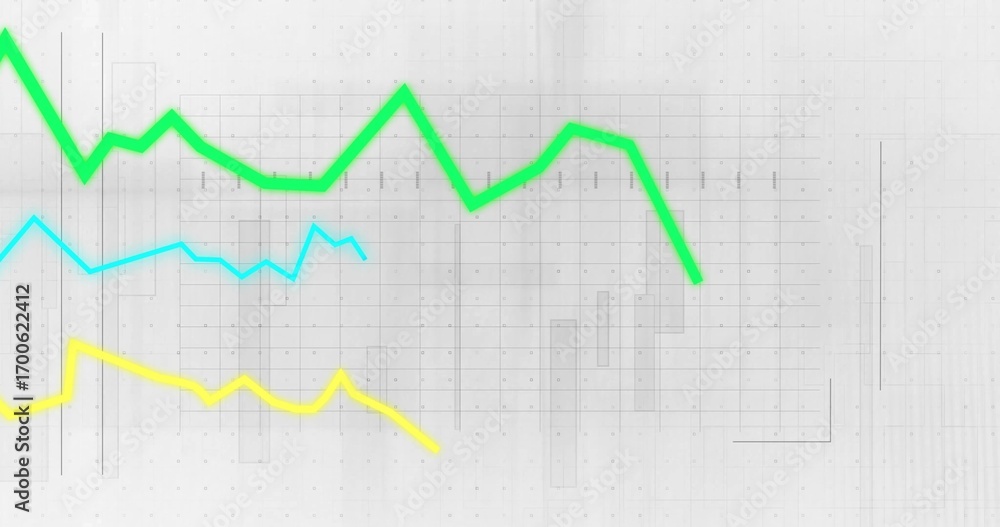Poster displaying abstract data panel on white background with green, cyan and yellow line graphs
