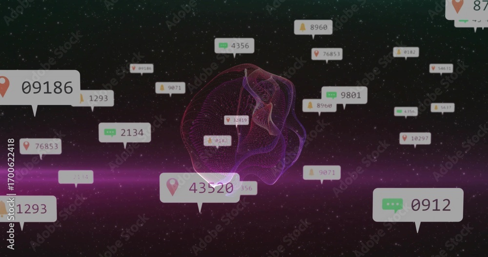Fototapete sphere rotating in data visualization, showing numeric labels and icons with pink light band