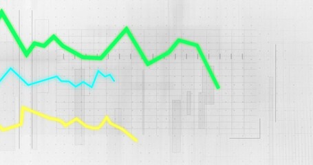 Fototapeta premium Displaying abstract data panel on white background with green, cyan and yellow line graphs