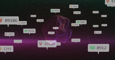 Sphere rotating in data visualization, showing numeric labels and icons with pink light band