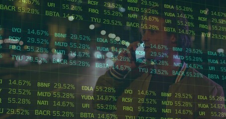 Holding smartphone trader peering through digital stock ticker at glass lobby, with bokeh lights