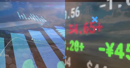 Displaying financial data amid clouds, with bar charts, trend lines, numeric tickers with ¥ $ signs