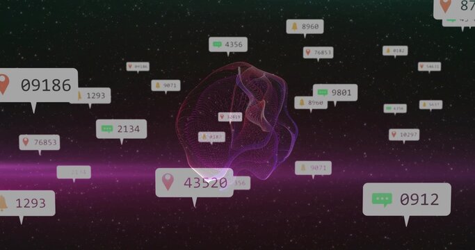 Sphere rotating in data visualization, showing numeric labels and icons with pink light band