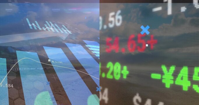 Displaying financial data amid clouds, with bar charts, trend lines, numeric tickers with ¥ $ signs