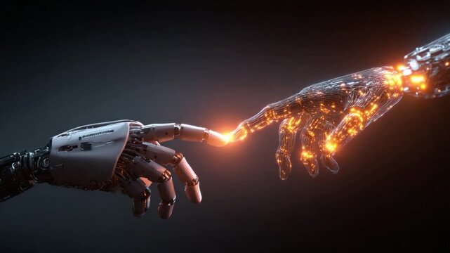 Humanity Meets Artificial Intelligence: A captivating, artistic scene unfolds as a robotic hand reaches out to touch a human hand, sparking an evocative, electrifying connection.