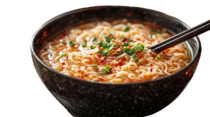 Hot spicy instant ramen noodle soup in black bowl isolated on a white transparent background