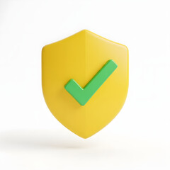 Yellow shield with a green checkmark isolated on white background