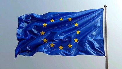 Blue flag with twelve gold stars in a circle waving against a light gray background