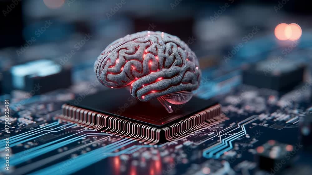 Poster a computer chip with a brain on top of it. the brain is red and glowing. concept of technology and t