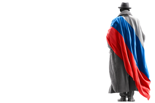 back view of cold war style spy in retro hat and long coat covering his shoulders with russian flag, isolated over white (transparent) background