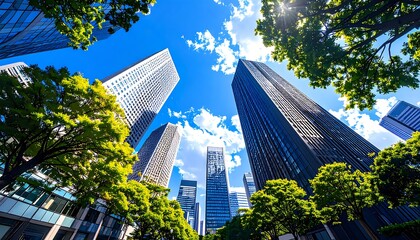 Urban landscape with towering buildings and lush greenery