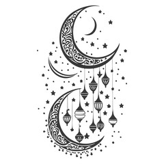 Ramadan Lantern Hanging Crescent Moon illustration grey