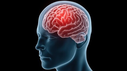 Obraz premium Anatomical Illustration of a Human Head Profile with Highlighted Brain, Showing Internal Structures and Details Against a Black Background