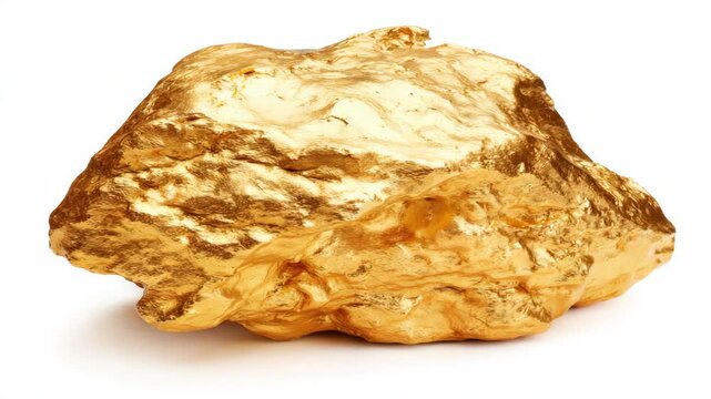 Large natural raw gold nugget with rough texture and shiny surface, photographed in realistic style on a clean white background, symbol of wealth