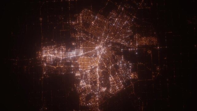 Winnipeg (Canada) aerial view at night. View on modern city from space. Camera is zooming in, rotating counterclockwise