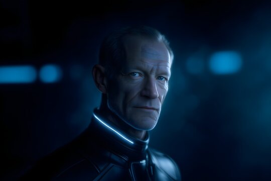 Dramatic close-up portrait of Caucasian man with glowing nanomaterials and steel-gray exosuit collar