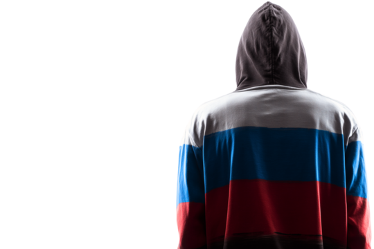 back view of young man in white, blue & red hoodie; concept of russian disinformation; person isolated over white (transparent) background
