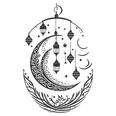 Ramadan Lantern Hanging Crescent Moon illustration grey