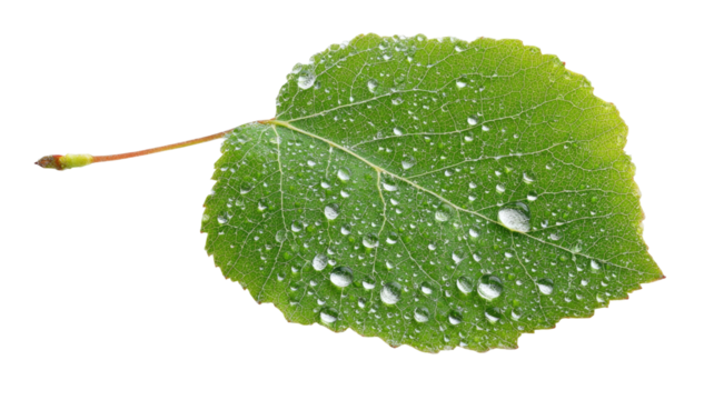 Dew covered aspen leaf fresh morning foliage natural green texture detailed botanical illustration isolated on white background