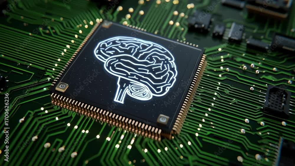 Aufkleber a computer chip with a brain on it. the brain is lit up and the chip is green