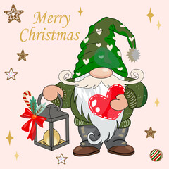 A cheerful gnome with a green hat and white beard holds a red heart and a lantern. The background features stars and the text 'Merry Christmas'