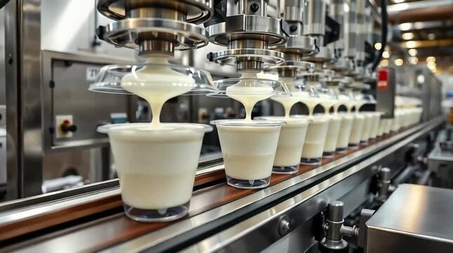 Automatic process of filling yogurt into special cups at a dairy plant.